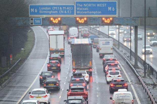 Heavy traffic jam on the M5 motorway in the rain.