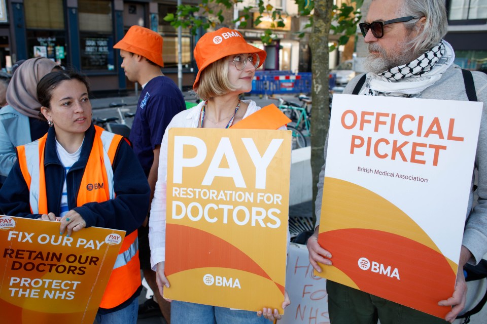 Junior doctors picketing outside a London hospital during a strike.