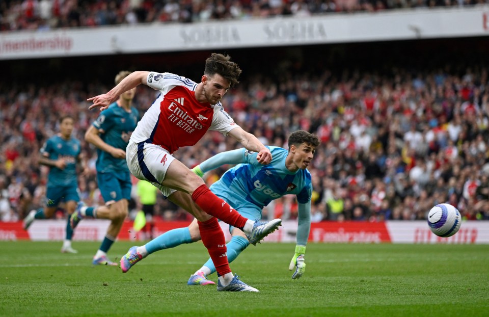 Arsenal's Declan Rice scoring a goal.