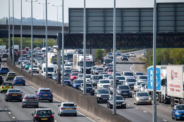 Heavy traffic on the M25 motorway.