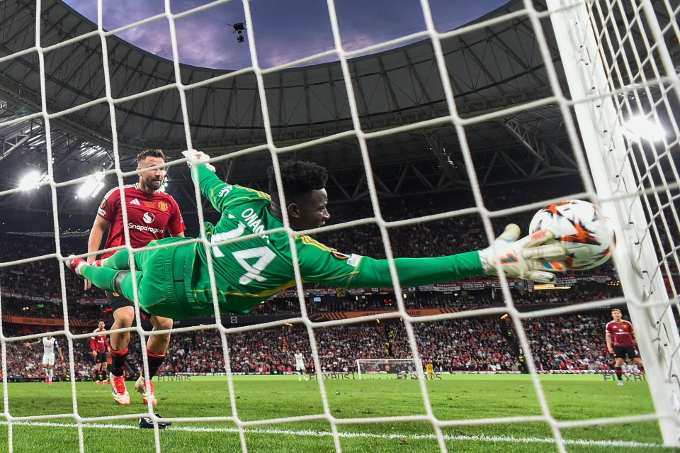 Andre Onana, Manchester United's goalkeeper, diving to try and stop a goal during a soccer match.