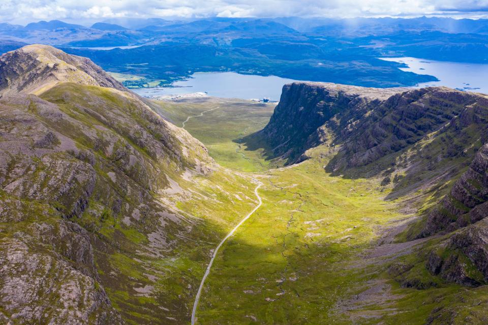 Aerial view of Bealach na Ba pass in Scotland.