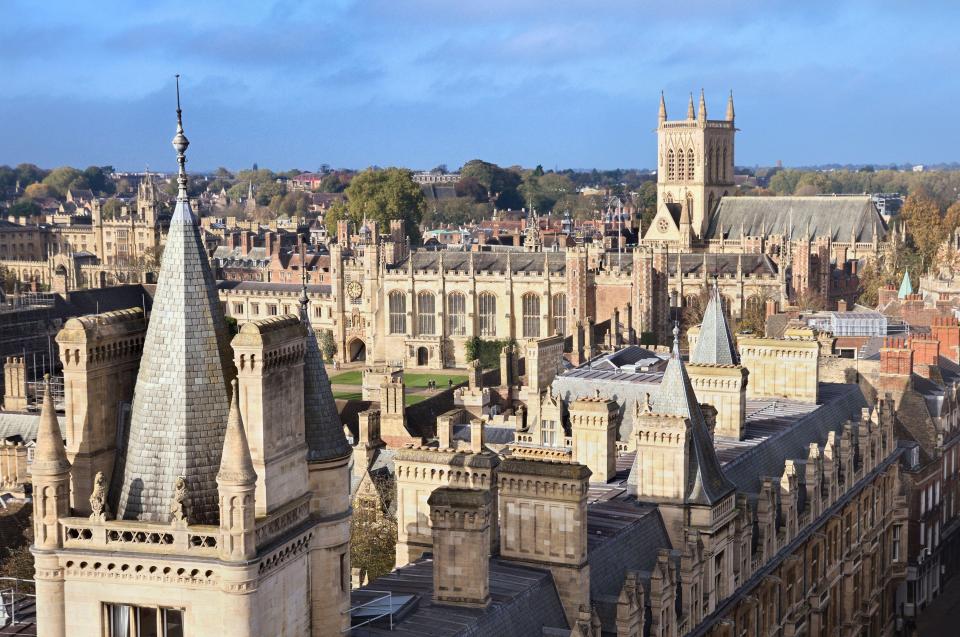 Aerial view of Trinity College and St John's College Chapel tower at the University of Cambridge.