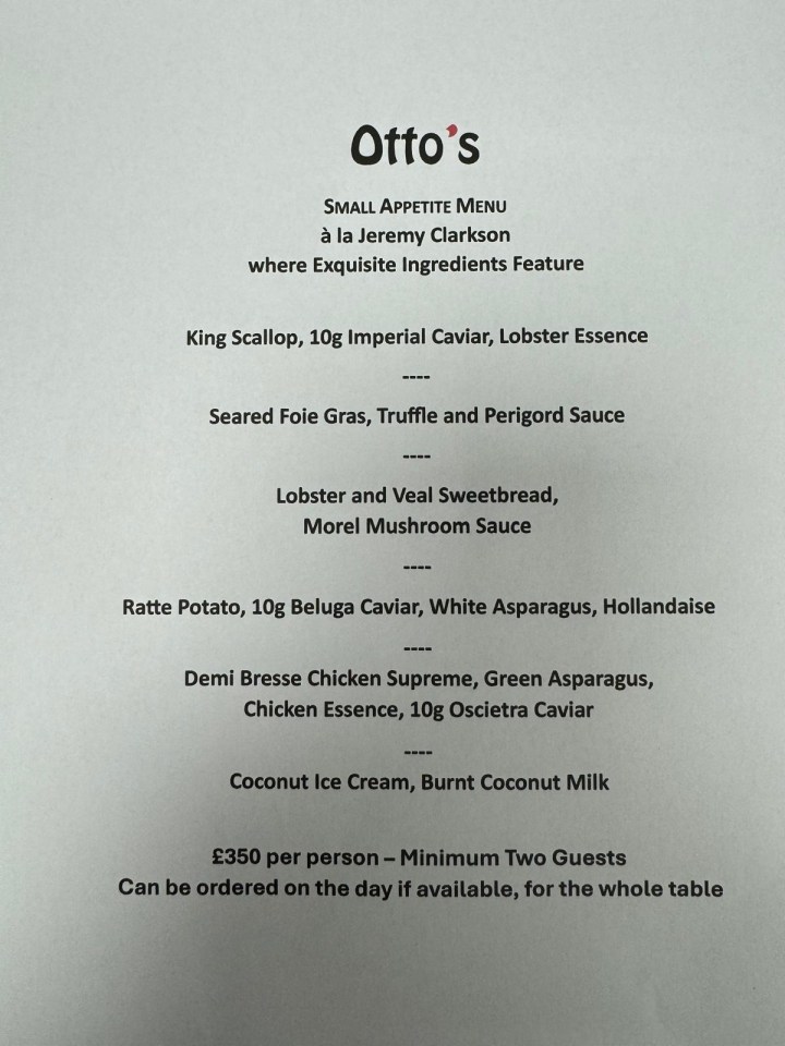 Otto's £350 small appetite menu featuring caviar and other exquisite ingredients.