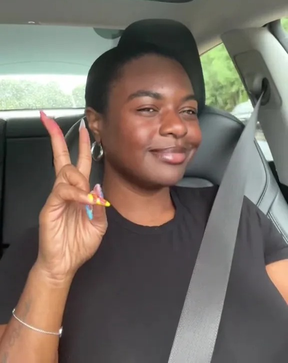 Woman in a car showing peace sign, text overlay reads "Diagnosed PCOS 162.2 lbs"