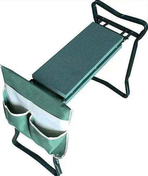 Folding garden kneeler and bench with tool pouch.