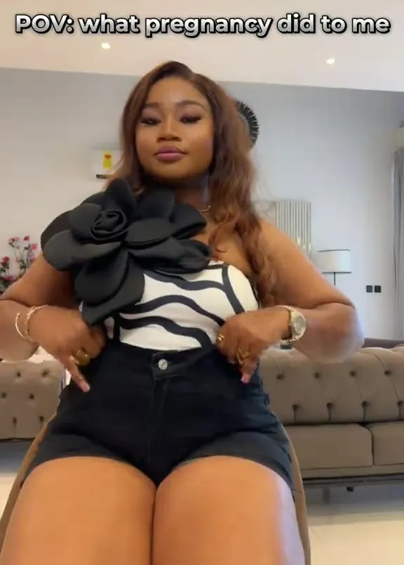 POV: A woman's body transformation during pregnancy.