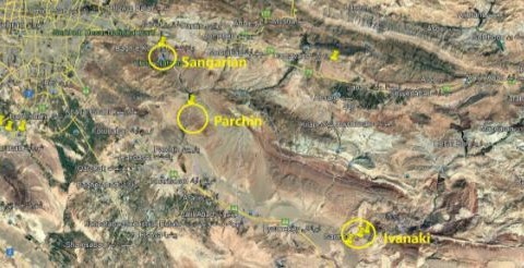 Satellite image showing locations of Sangarjan, Parchin, and Ivanaki in Iran.