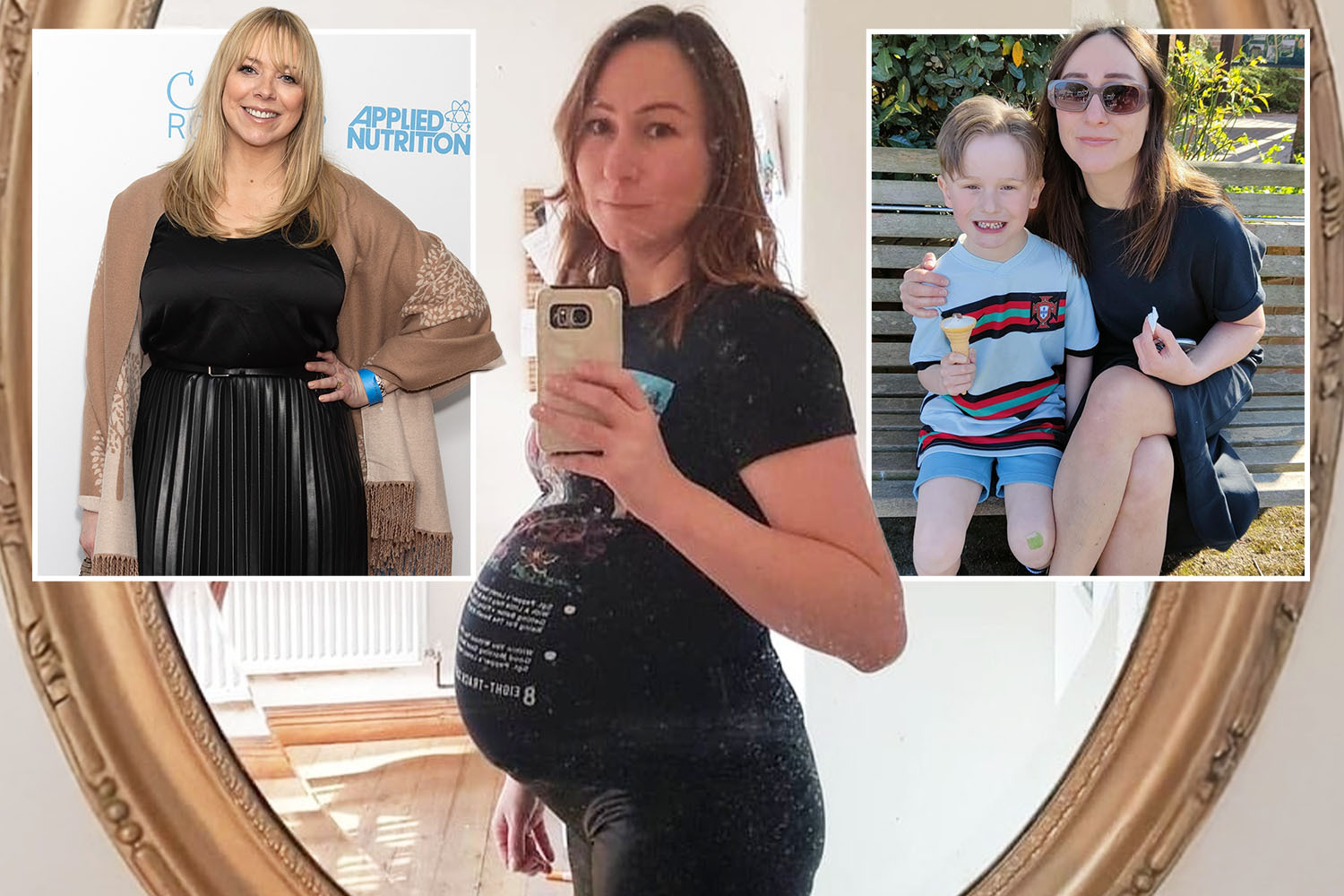 Collage of three images: a woman at an event, a pregnant woman taking a selfie, and a woman and child sitting on a bench.