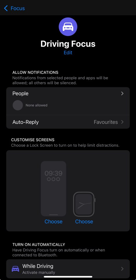 Screenshot of iPhone's Driving Focus settings.