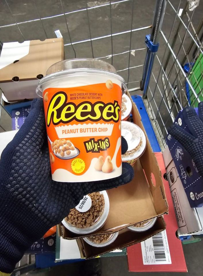 Hand holding a container of Reese's Peanut Butter Chip Mix-Ins.