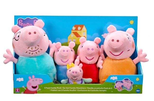 Five Peppa Pig family plush toys in a box.