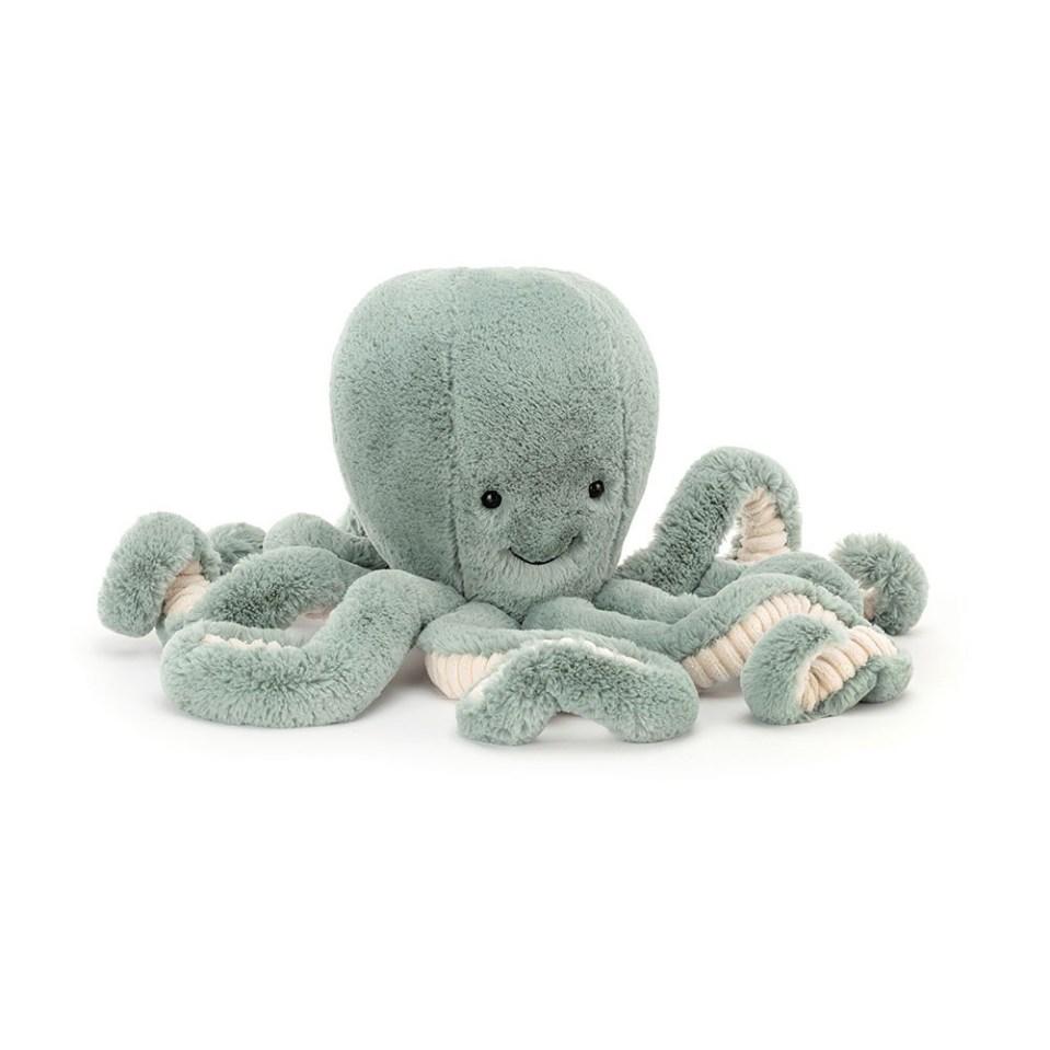 Teal plush octopus toy.