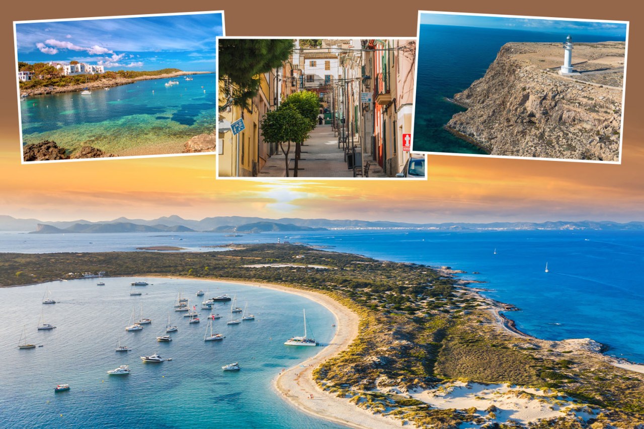 Collage of Balearic Islands scenery: coastline, harbor, street, and lighthouse.