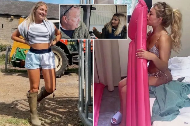 Collage of a young woman in farm attire, a man and woman in a tractor, and a young woman in a bikini with an inflatable raft.