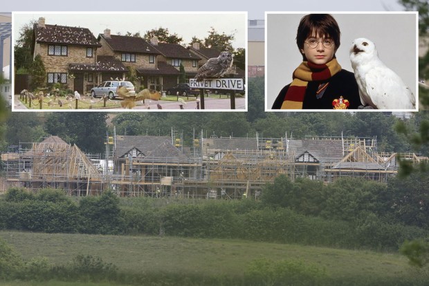 Collage showing the Privet Drive house from the Harry Potter films, Harry Potter with Hedwig, and the houses under construction.