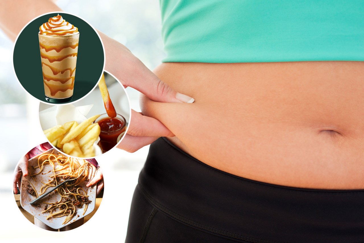 Collage of unhealthy food and a person pinching their belly fat.
