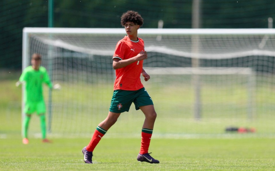 Portugal's U15 national football team player Cristiano Dos Santos, son of Cristiano Ronaldo, runs during a match between Portugal and Japan as part of the Vlatko-Markovic U15 youth tournament in Sveti Martin na Muri on May 13 2025. (Photo by DAMIR SENCAR / AFP) (Photo by DAMIR SENCAR/AFP via Getty Images)