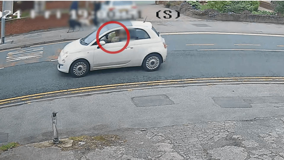 Screenshot of a white Fiat 500 driving down a residential street.