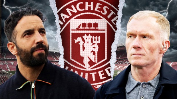 Illustration of two men and the Manchester United logo, with a torn background suggesting conflict.