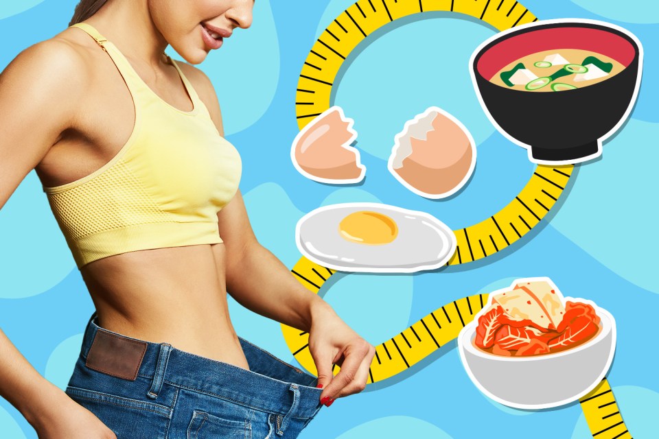 Illustration of a woman in loose jeans with a measuring tape and illustrations of eggs, miso soup, and kimchi.