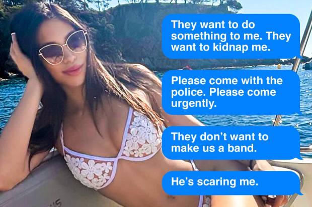 Woman in a white bikini on a boat sends urgent text messages about being kidnapped.