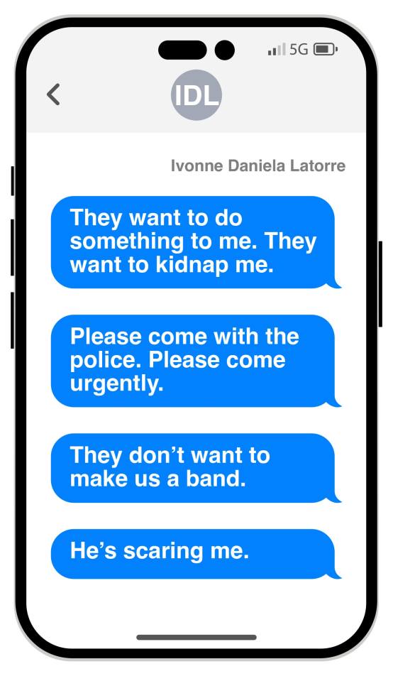 Illustration of a phone screen showing text messages about a kidnapping threat.