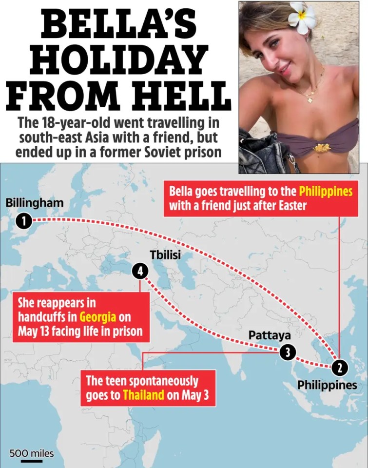 Map illustrating Bella's travel route from the UK to the Philippines, Thailand, and Georgia, ending in a Georgian prison.