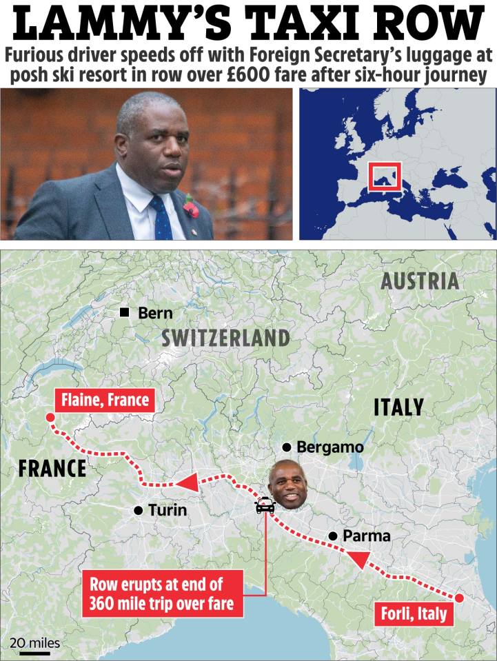 Illustration of a map showing a 360-mile taxi route from Flaine, France to Forli, Italy, with inset photos of a man and a map of Europe.