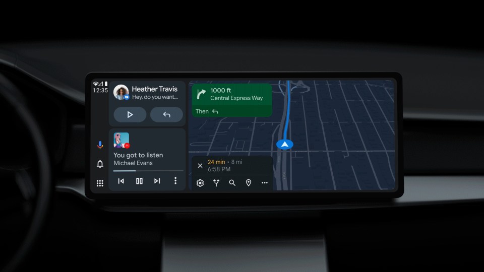 Android Auto interface showing navigation, messaging, and music controls.