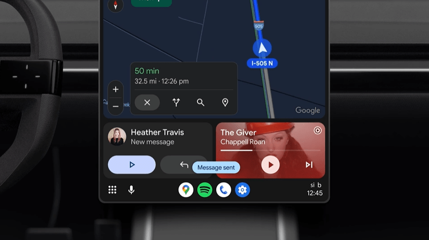 Android Auto interface showing navigation, messaging, and music controls.