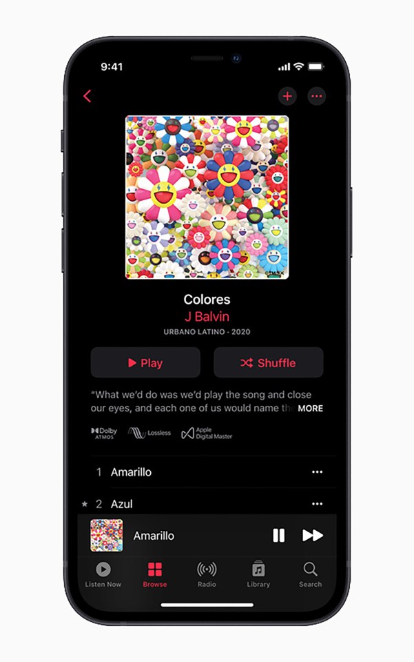 Apple Music app displaying J Balvin's "Colores" album.