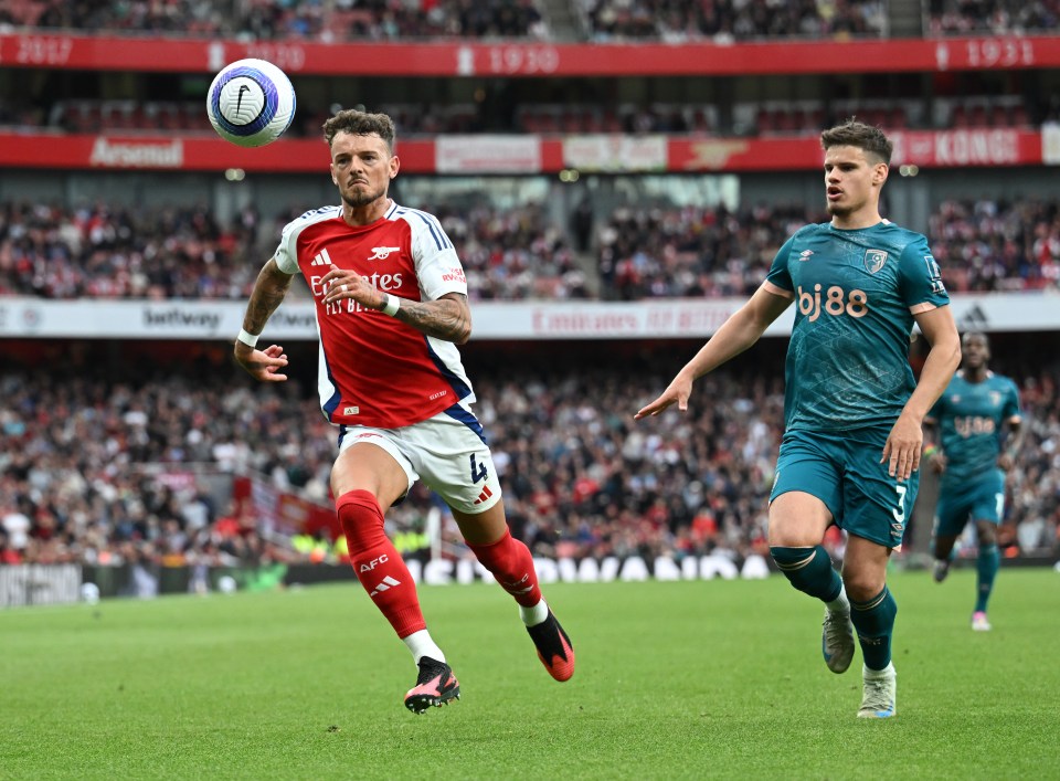 Ben White of Arsenal and Milos Kerkez of Bournemouth during a soccer match.