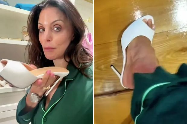 An image collage containing 2 images, Image 1 shows Woman holding up a white Amazon shoe, Image 2 shows A woman's foot in a white heeled mule, with text overlay reading "BREAKING NEWS for AMAZON SHOES"