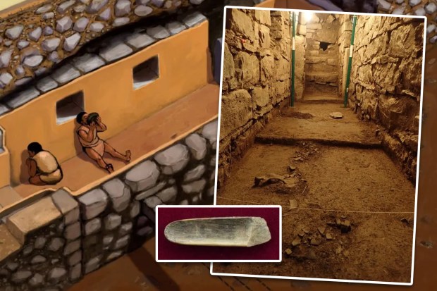 Collage of an illustration of an ancient structure and archaeological excavation, including a bone tool.