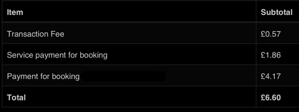 Booking summary: transaction fee £0.57, service payment £1.86, booking payment £4.17, total £6.60.