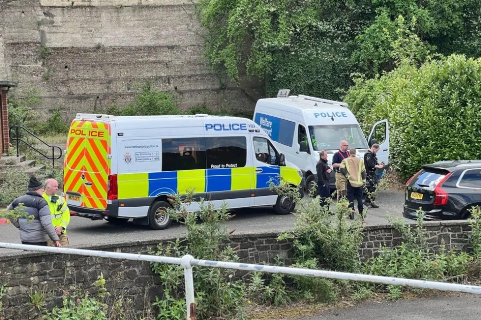 Police vans and officers at the scene of a fatal fire.