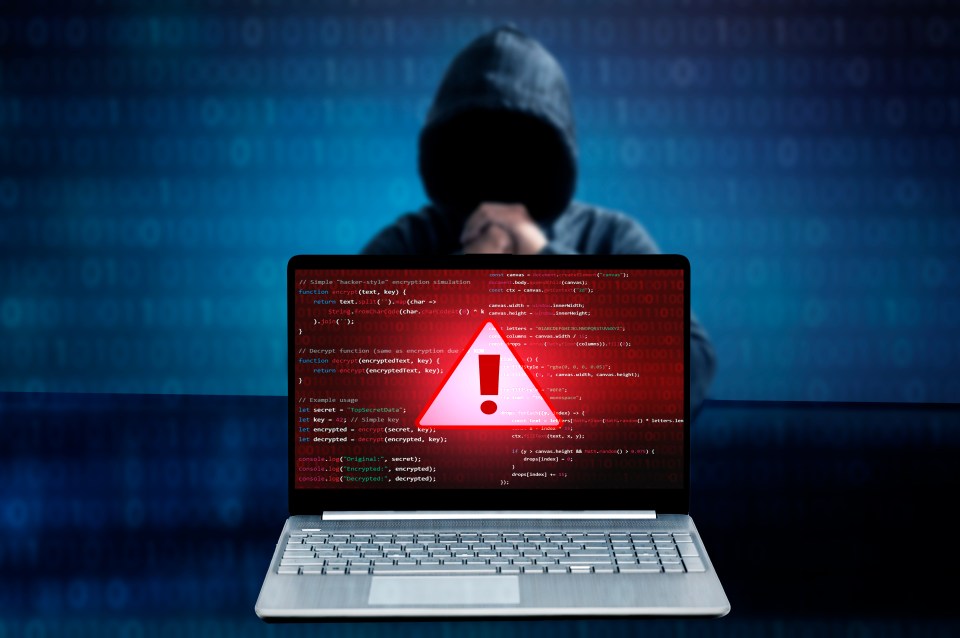 Illustration of a laptop displaying code with a warning sign, a hooded figure in the background.