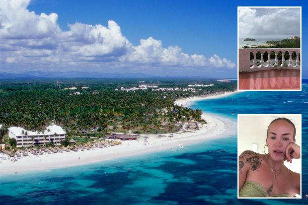 An image collage containing 3 images, Image 1 shows Aerial view of a resort on a tropical beach, Image 2 shows Ocean view from a pink balcony, Image 3 shows Woman with tattoos speaking to camera