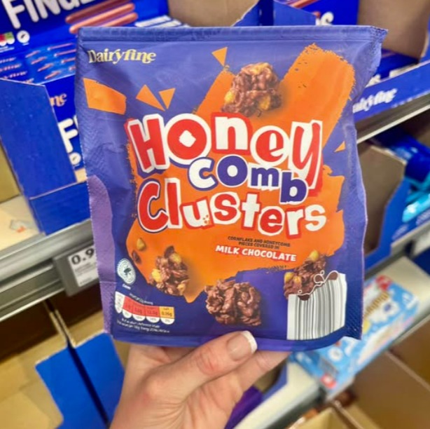 Bag of Dairyfine Honeycomb Clusters milk chocolate candy.