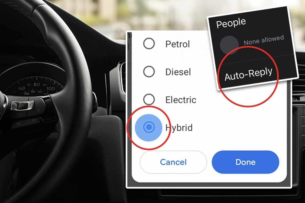 Car dashboard showing hybrid vehicle selection and auto-reply settings.