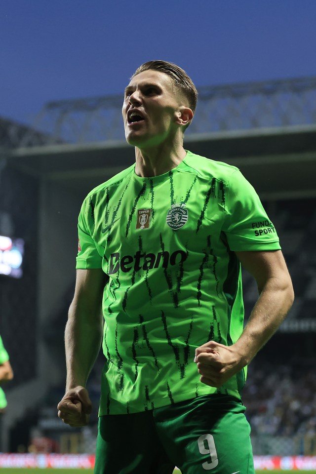 Viktor Gyokeres of Sporting CP celebrates scoring a goal.