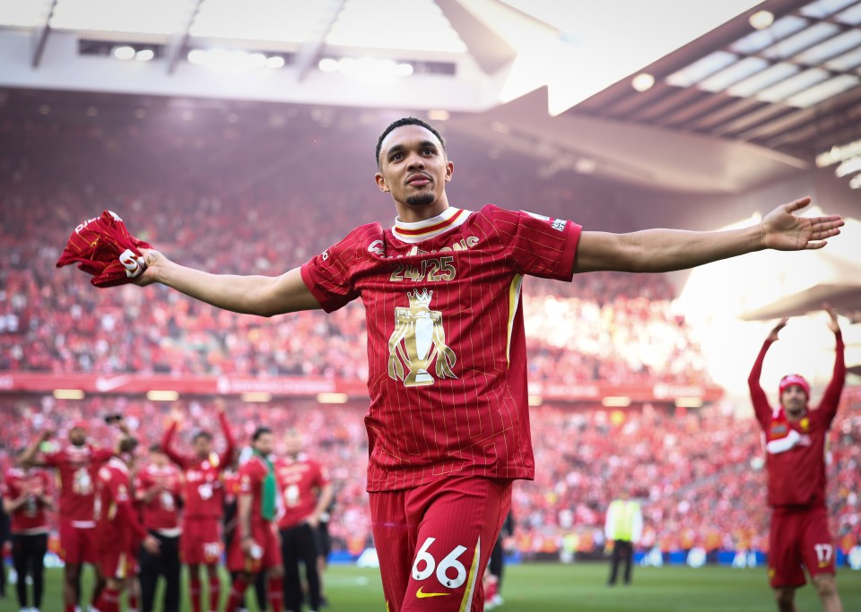 Trent Alexander-Arnold of Liverpool celebrates a Premier League win.