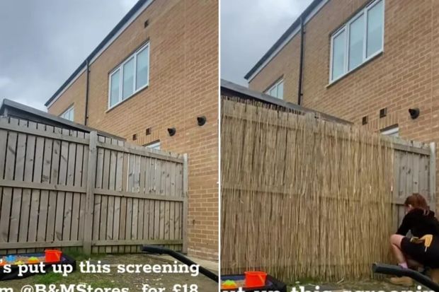 An image collage containing 2 images, Image 1 shows Backyard fence with new bamboo screening, Image 2 shows Person installing bamboo screening in their backyard