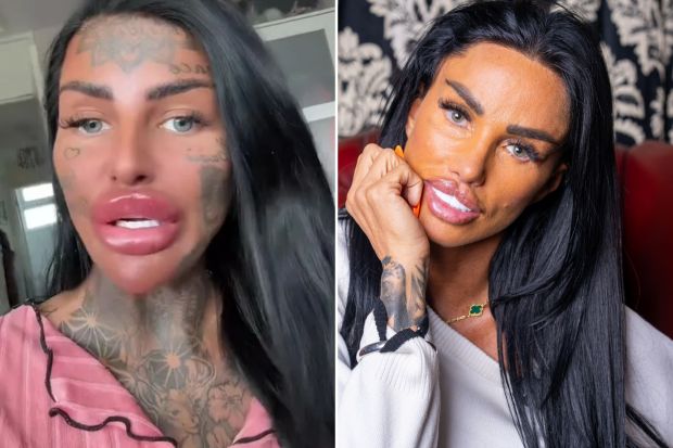 An image collage containing 2 images, Image 1 shows Woman with extensive face tattoos and lip fillers, Image 2 shows Katie Price speaking at the Cambridge Union