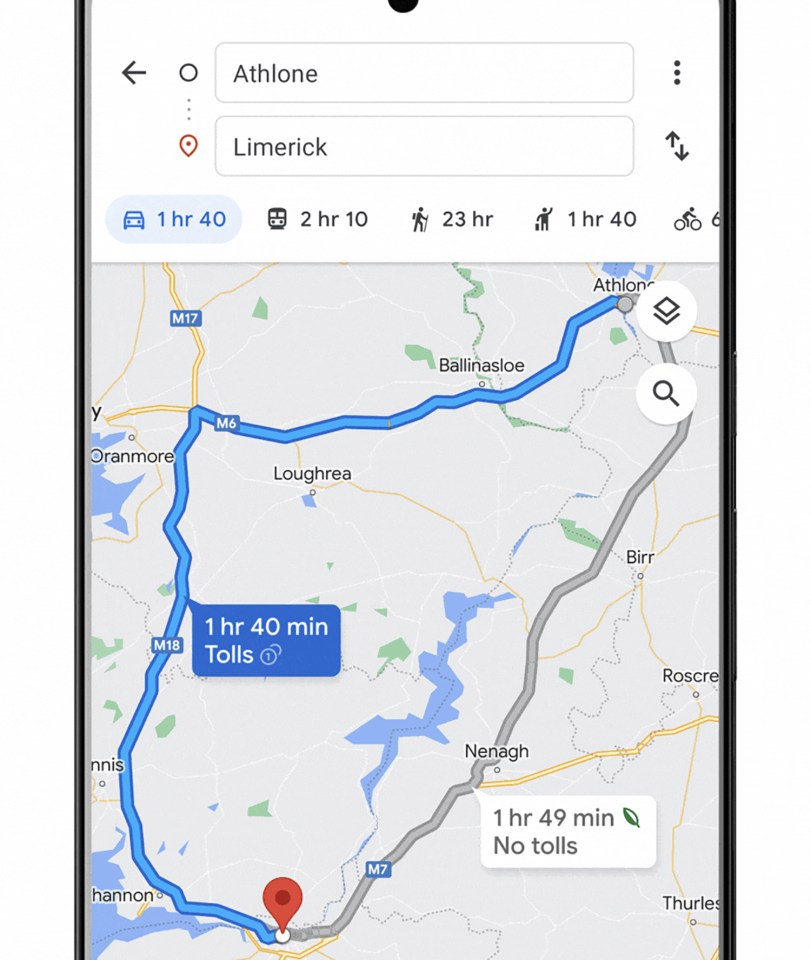 Smartphone displaying Google Maps directions from Limerick to Athlone, showing two route options with travel times.
