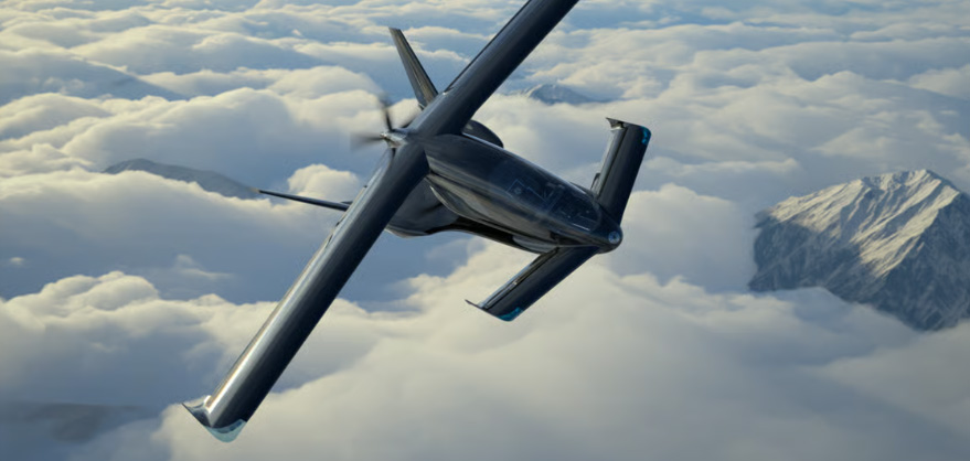 Illustration of the Cavorite X7 aircraft in flight above the clouds.