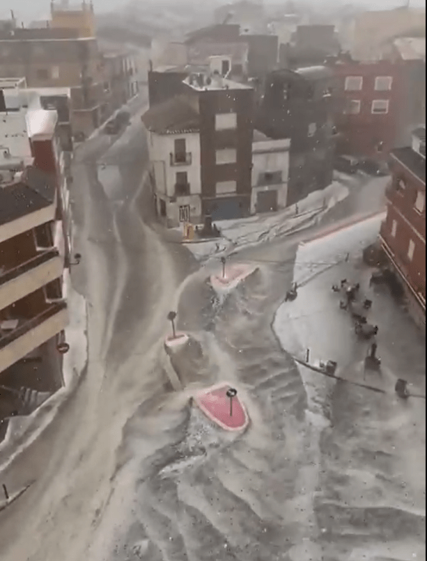 Snowstorm in a town.