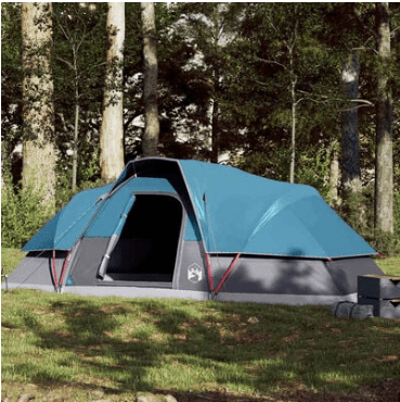 A teal and gray tent pitched in a forest.