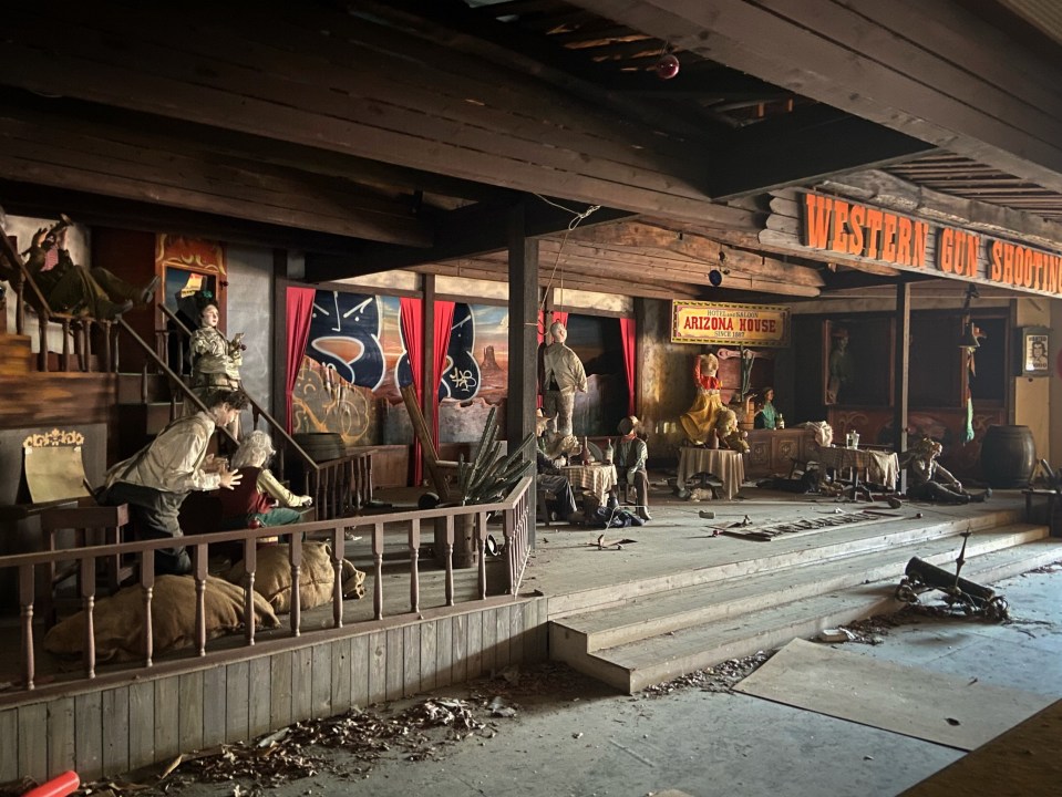 Interior of an abandoned Western-themed Japanese theme park.
